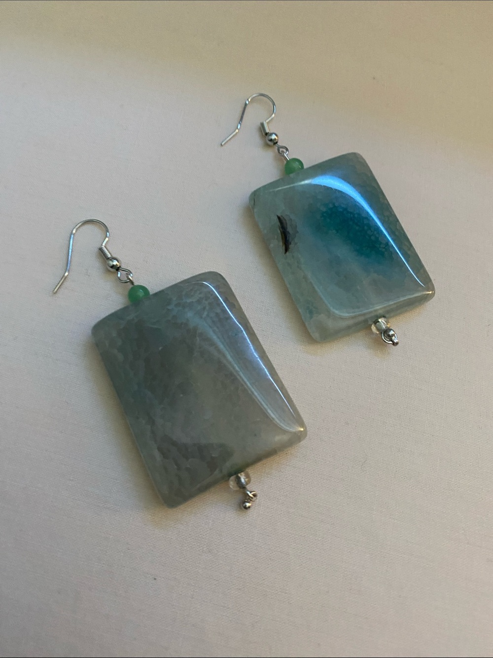 Green Rectangular Agate Stone Drop Earrings!